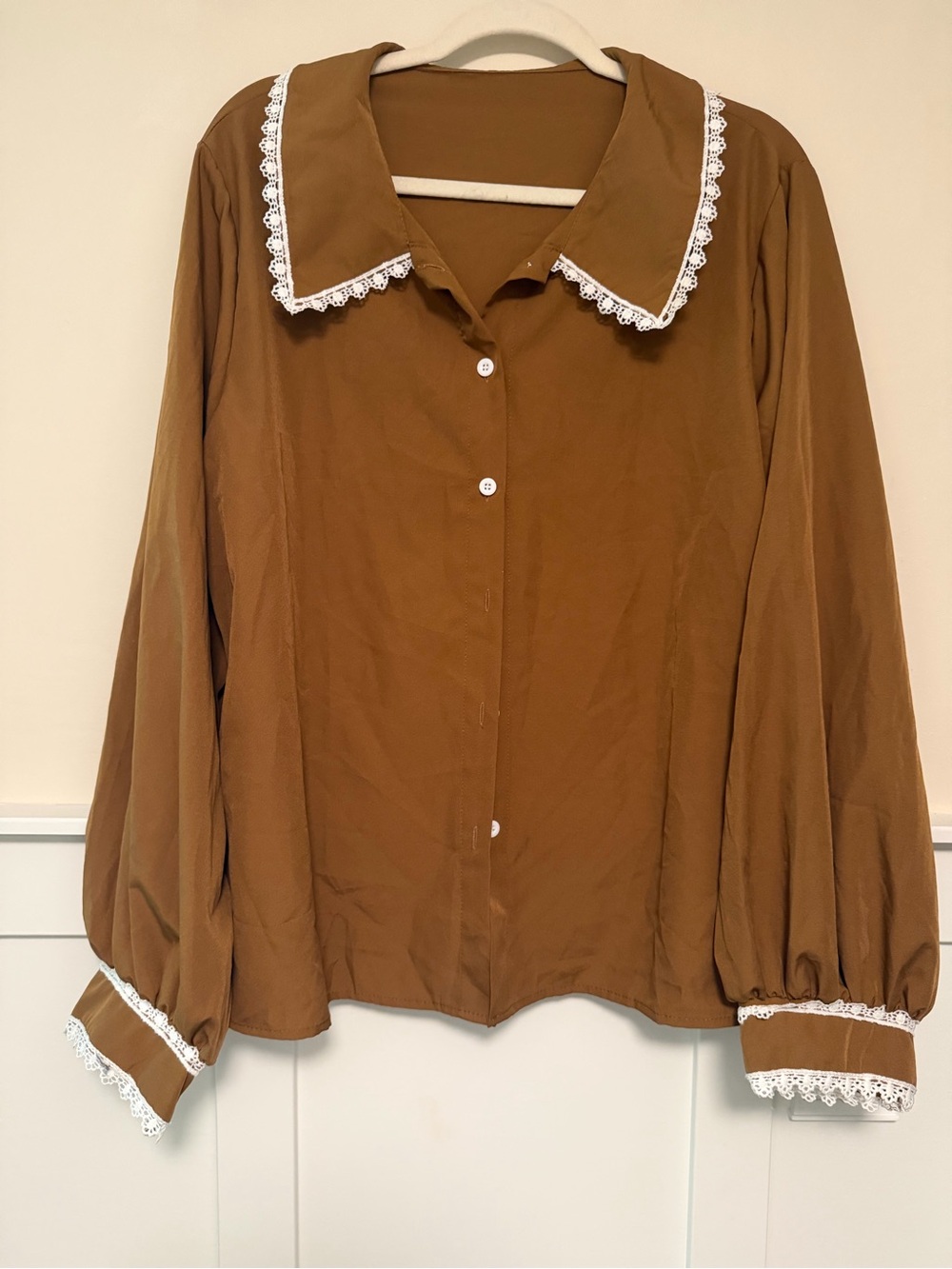 Size 2XL - Women’s Brown Button-Front Blouse with Lace Trim (Long-Sleeve)